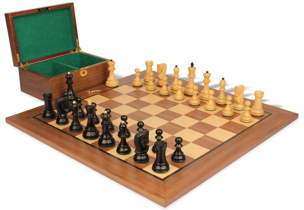 Zagreb Series Chess Set - Ebonized & Boxwood Pieces - Walnut Classic Chess Board & Box - 3.25" King
